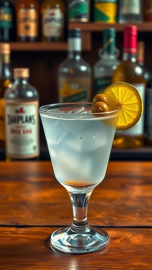 Carnivore-Friendly Alcoholic Beverages A refreshing cocktail glass with a clear drink, lemon wedge, and olives on a rustic bar.